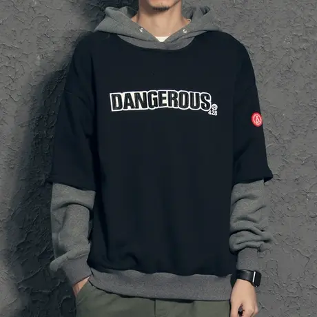 奕飏港风潮流假两件卫衣撞色宽松带帽上衣潮牌学生连帽外套春秋款商品大图