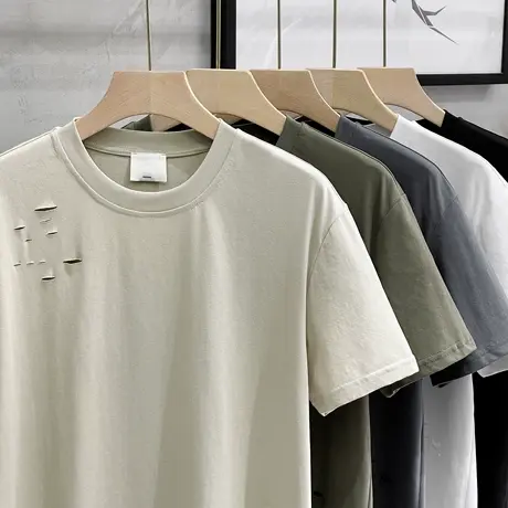 重工破洞短袖t恤男士夏季2023新款潮牌ins个性帅气半袖上衣体恤衫商品大图