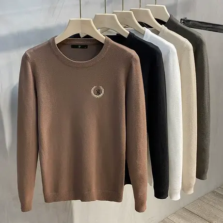 2023秋冬季新款刺绣圆领毛衣男长袖针织衫韩版修身打底衫线衣潮流商品大图