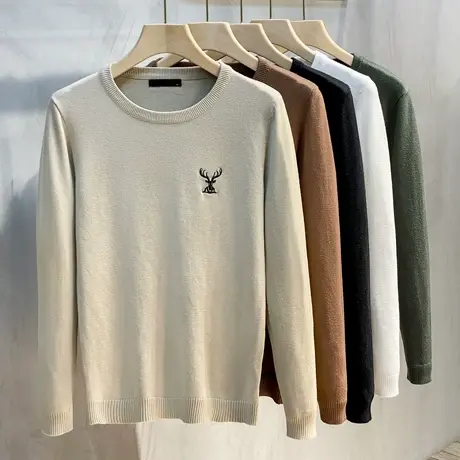 毛衣男圆领纯色内搭打底衫厚款秋冬季保暖刺绣休闲毛线衣针织衫男商品大图