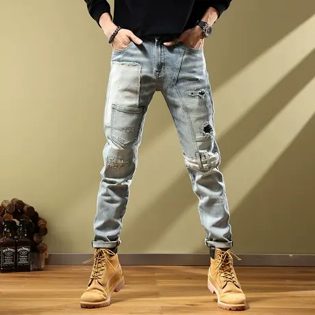 水洗复古潮牌个性破洞乞丐补丁贴布牛仔裤男士青年拼接工装风长裤商品大图