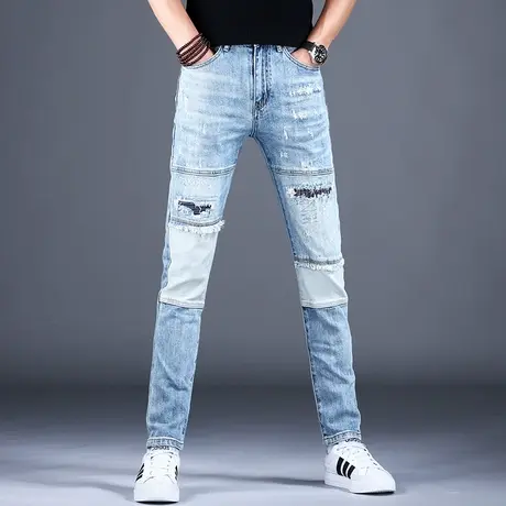 男士破洞拼接牛仔裤男夏季男款浅色2023新款修身小脚裤子破坏男款商品大图