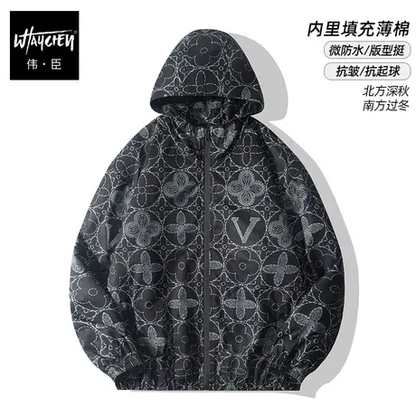 伟臣潮牌大码男装秋冬加厚夹克外套胖子加肥加大宽松连帽薄棉服商品大图