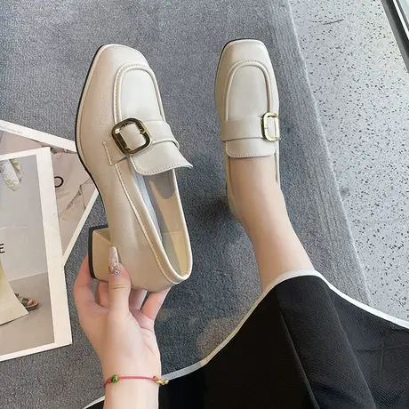 方头单鞋女夏季2023网红高跟鞋粗跟英伦风小皮鞋百搭一脚蹬乐福鞋商品大图