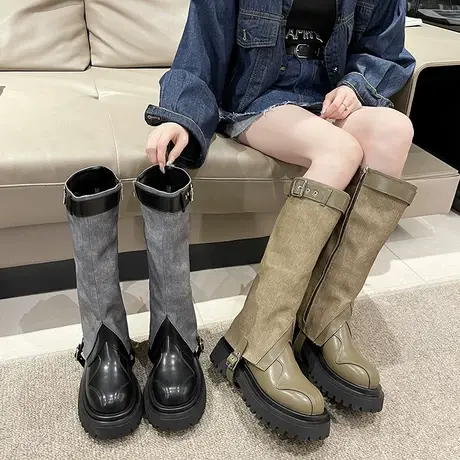 牛仔布西部靴长靴女裤腿靴辣妹显腿长2023秋季复古网红超火高筒靴图片