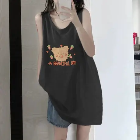 美式纯棉吊带坎肩背心无袖t恤女夏季设计感小众外穿宽松挂脖上衣图片