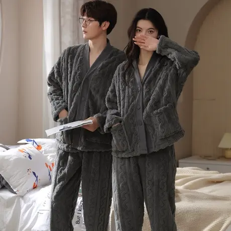 珊瑚绒睡衣女2023年新款男士情侣秋冬季加厚大码法兰绒家居服套装商品大图