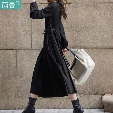 茵曼官方旗舰店连衣裙女装2023年秋季新款长袖黑色收腰小黑裙子图片