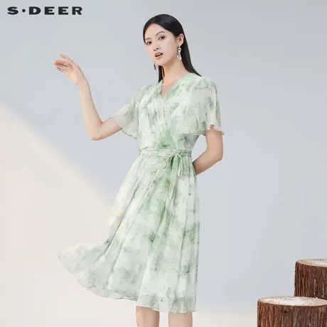 sdeer圣迪奥女装V领压褶晕染收腰短袖连衣裙S223Z120A图片