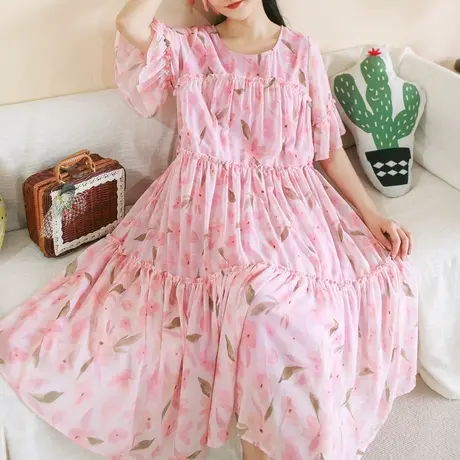 胖妹妹夏季2023新品雪纺印花五分袖连衣裙加大码圆领花瓣袖蛋糕裙商品大图