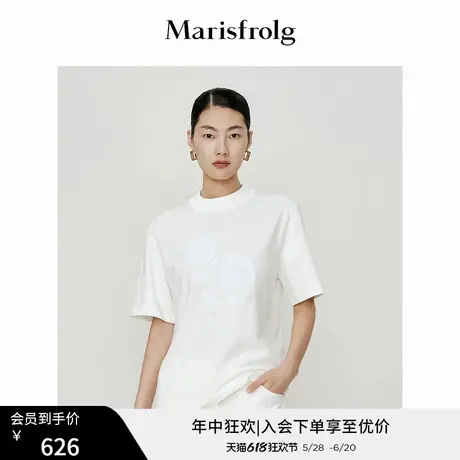 玛丝菲尔夏ins小众设计感圆领白色宽松纯棉新款T恤短袖女商品大图