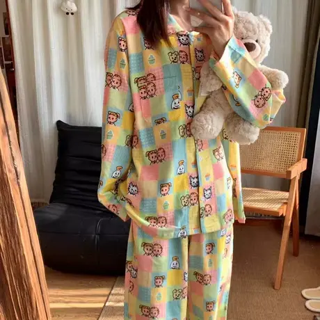 100%纯棉磨毛睡衣女士彩虹原田治家居服2024春秋冬新款长袖套装图片