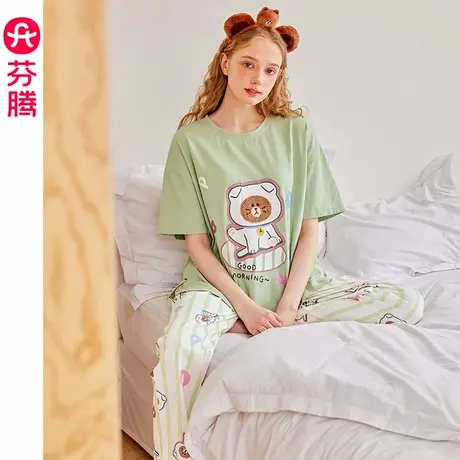 芬腾女士睡衣夏季纯棉短袖薄款布朗熊套装女款透气凉感大码家居服商品大图
