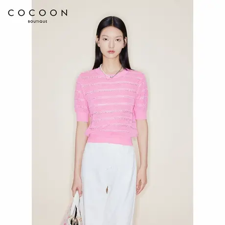 可可尼COCOON商场同款短款圆领上衣夏季新款女装透明丝工艺针织衫商品大图