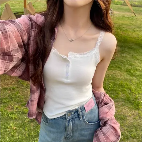 法式纯欲风背心小吊带女夏季韩版洋气修身短款小个子蕾丝边上衣潮图片