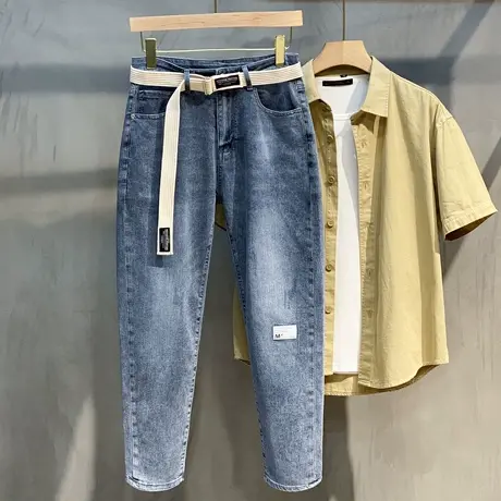腰带牛仔裤男潮牌弹力修身韩版潮男2023夏季薄款九分裤休闲小脚裤图片