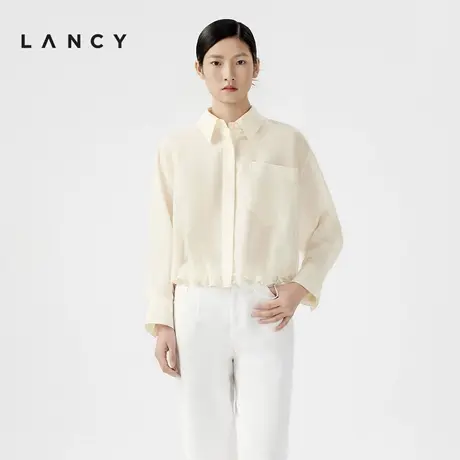 LANCY/朗姿2024夏季新款薄款翻领长袖衬衫女花边底通勤风叠穿上衣图片