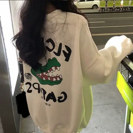 美式oversize卡通印花圆领卫衣女春秋加绒hiphop宽松嘻哈炸街上衣商品大图