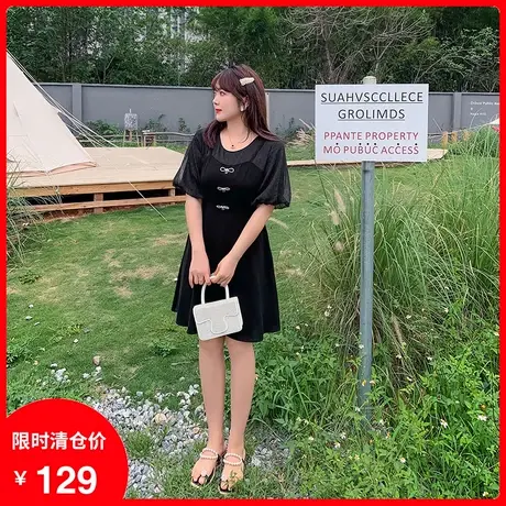 2023夏季新款雪纺波点减龄蝴蝶结泡泡袖小黑裙显瘦大码胖mm连衣裙商品大图