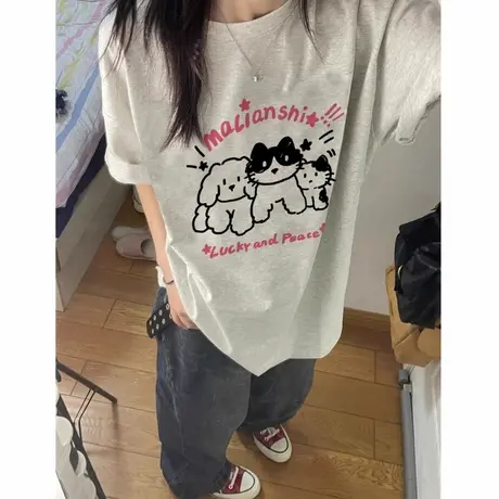 美式复古纯棉夏季短袖t恤女2025新款设计感小众宽松落肩半袖上衣商品大图