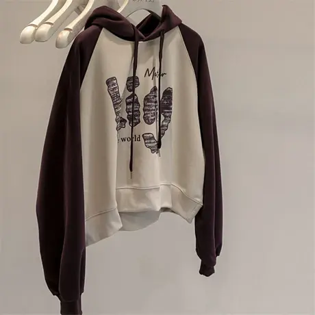 小个子穿搭~2023秋季新款涂鸦印花学院风休闲百搭拼色套头卫衣女商品大图