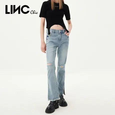LINCCHIC金羽杰裤子女弹力中腰破洞开叉喇叭裤牛仔裤S232JE356Y商品大图