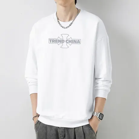 重磅纯棉卫衣男2023秋季新款圆领无帽上衣摇粒绒宽松白色长袖t恤商品大图