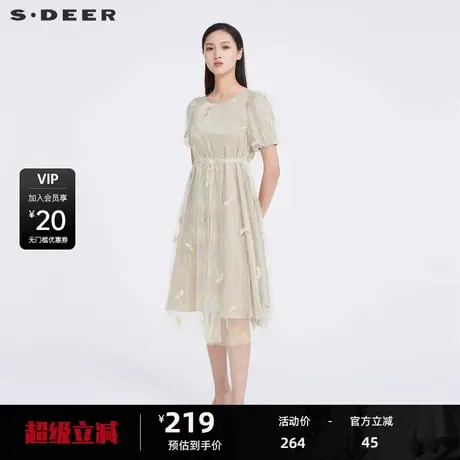sdeer圣迪奥女装圆领绣花收腰网纱短袖连衣裙S223Z12E8图片