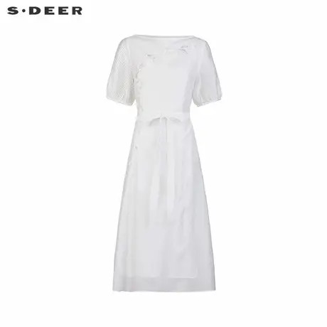 sdeer圣迪奥女装25年新品田园风圆领花朵收腰短袖连衣裙S252Z1264商品大图