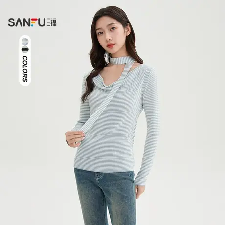三福打底毛衫2025秋季飘带装饰毛织荡领细条纹上衣女装509811商品大图