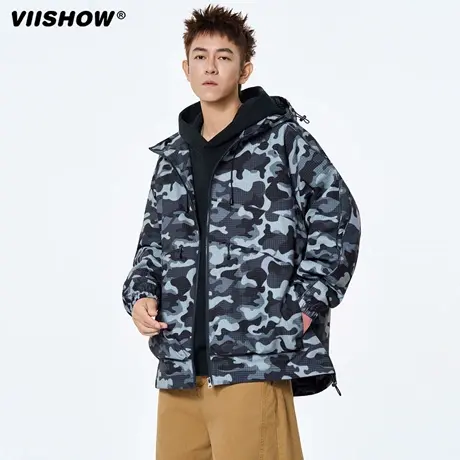 VIISHOW2025秋季男女情侣美式潮牌户外宽松夹克迷彩休闲连帽外套商品大图