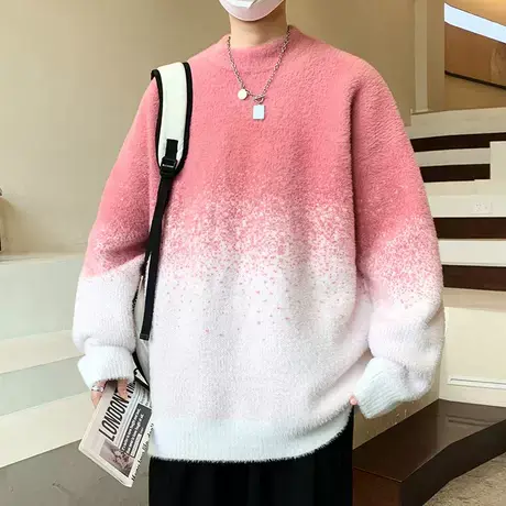 冬季加厚粉色毛衣男女潮流休闲个性套头情侣针织衫水貂绒毛线衣帅商品大图