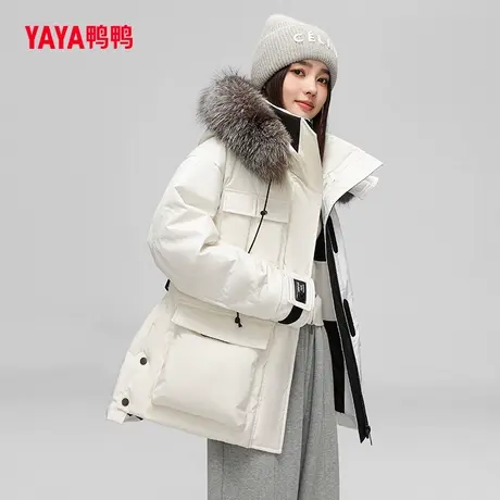 鸭鸭羽绒服女士2025冬季中长款连帽狐狸毛领时尚保暖鸭绒外套商品大图