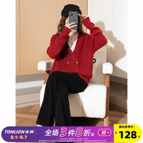 唐狮2025秋冬季新款V领慵懒红色毛衣女假两件设计感套头毛线衫商品大图