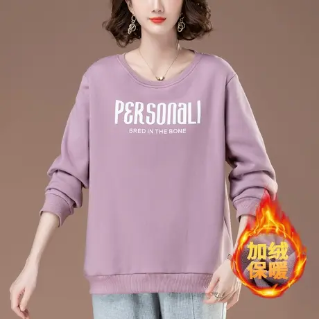 加绒加厚卫衣女冬季宽松加肥加大码女装中年妈妈休闲保暖圆领上衣商品大图