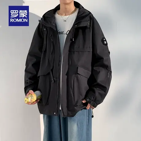 罗蒙男士休闲百搭冲锋夹克衣服2025秋季新款时尚潮流纯色连帽外套商品大图