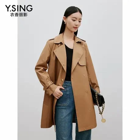 【直播】衣香丽影卡其色格纹风衣女秋棉感韩系英伦风外套小个子商品大图
