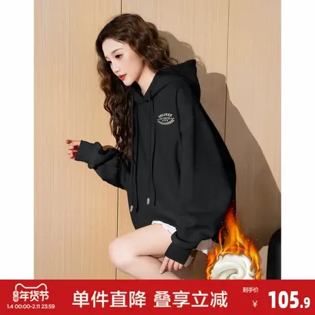 唐狮2026秋冬季加绒连帽卫衣女字母印花设计感小众时尚套头卫衣图片