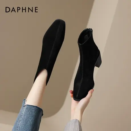 达芙妮真皮瘦瘦靴女2026秋冬加绒新款法式绒面踝靴粗跟黑色马丁靴图片