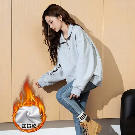 唐狮春秋新款圆领卫衣女针织蝴蝶结字母落肩卫衣休闲百搭外套TD图片