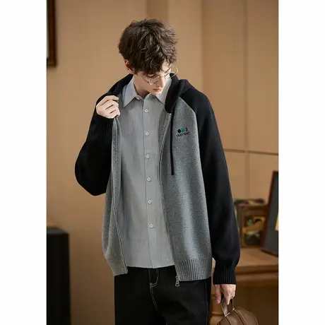 唐狮新款男连帽开衫毛衣插肩袖精致刺绣简约休闲风宽松毛线衫TMTA图片