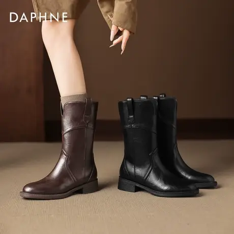 达芙妮中筒靴子女2025新款秋冬粗跟小短靴厚底骑士靴保暖高跟女靴商品大图