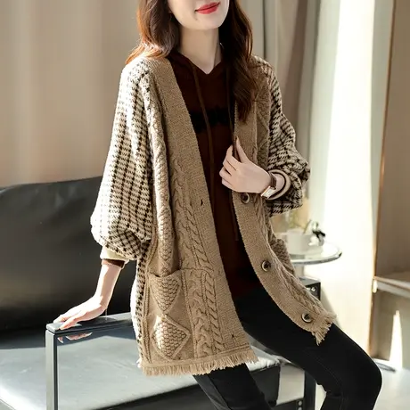 宝诗黎V领针织拼接格子外套早秋新款流苏设计感宽松百搭开衫上衣商品大图