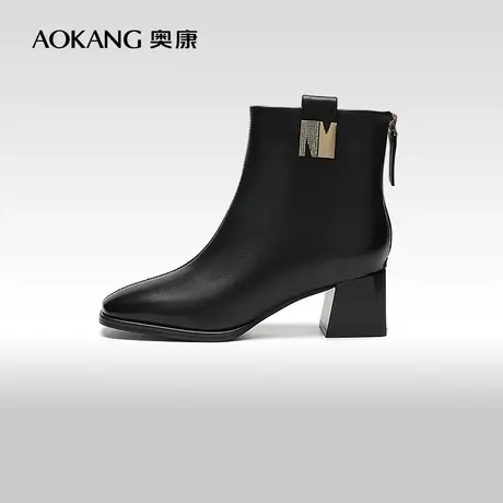 【门店发货】奥康女鞋 2023冬季新款优雅方头时装靴加绒方跟短靴图片