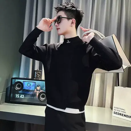 半高领毛衣男秋冬季新款ins小众设计感拼接假两件轻熟内搭针织衫商品大图