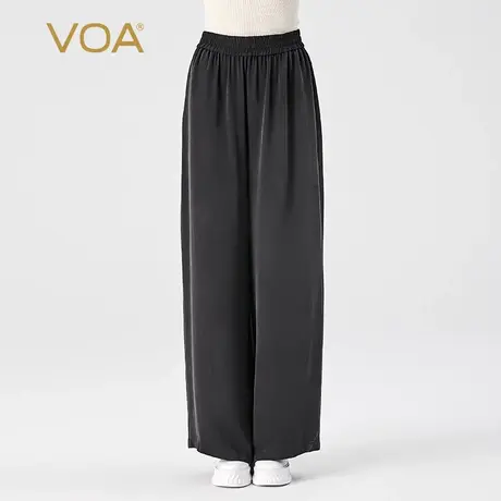 VOA30姆米重磅桑蚕丝黑色松紧腰口袋百搭通勤宽松阔腿真丝直筒裤图片