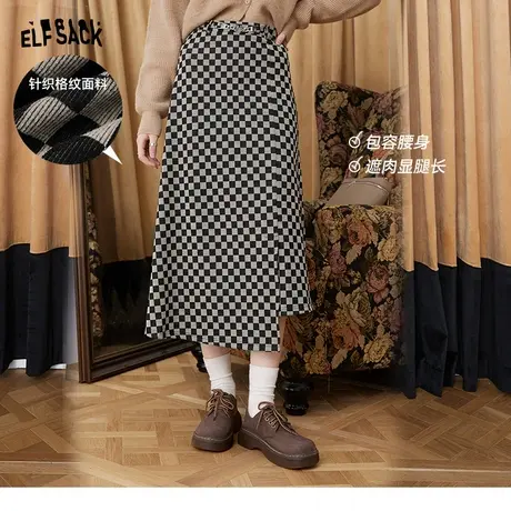 妖精的口袋棋盘格半身长裙女2024春季新款美拉德设计感学院风半裙图片