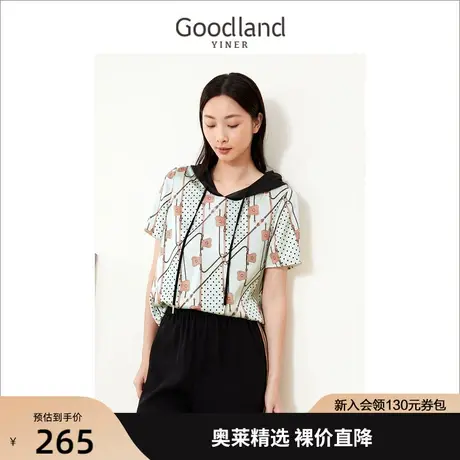 音儿美地女装2022夏季新款薄款连帽衫短袖印花雪纺衫女图片