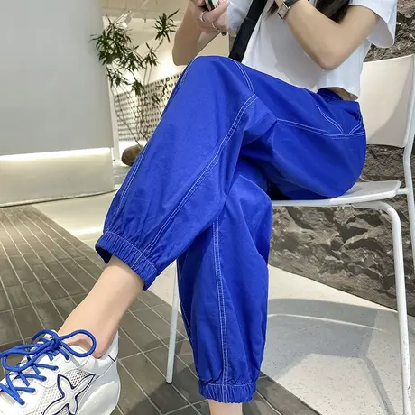 克莱因蓝色休闲裤女夏季薄款宽松高腰显瘦大码胖mm九分哈伦灯笼裤商品大图