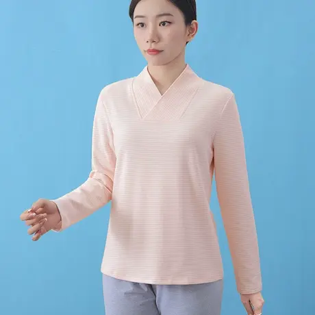 小立领护颈棉质条纹T恤女中式V领长袖打底衫商品大图